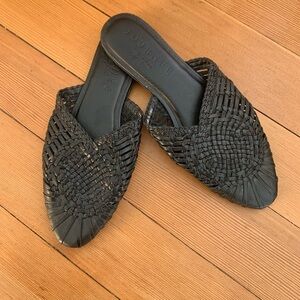 Vintage 90s Leather Slide Sandals | Black Suede Woven Mules